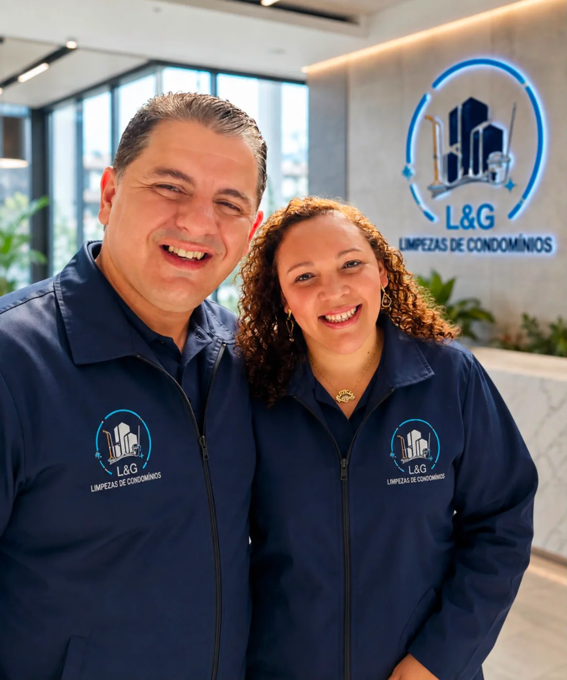 Lucas e Leny, fundadores da L&G Limpezas de Condomínios, no escritório
